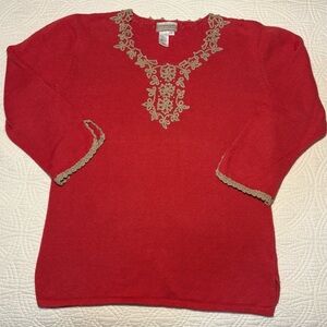 Coldwater Creek Red V-Neck Sweater with Embroidery